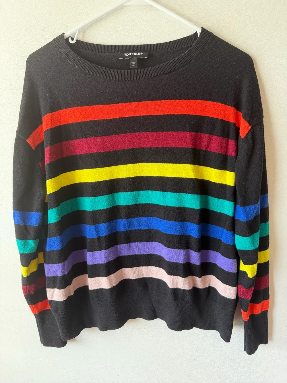 Express Women's Black Rainbow Striped Crewneck Sweater L